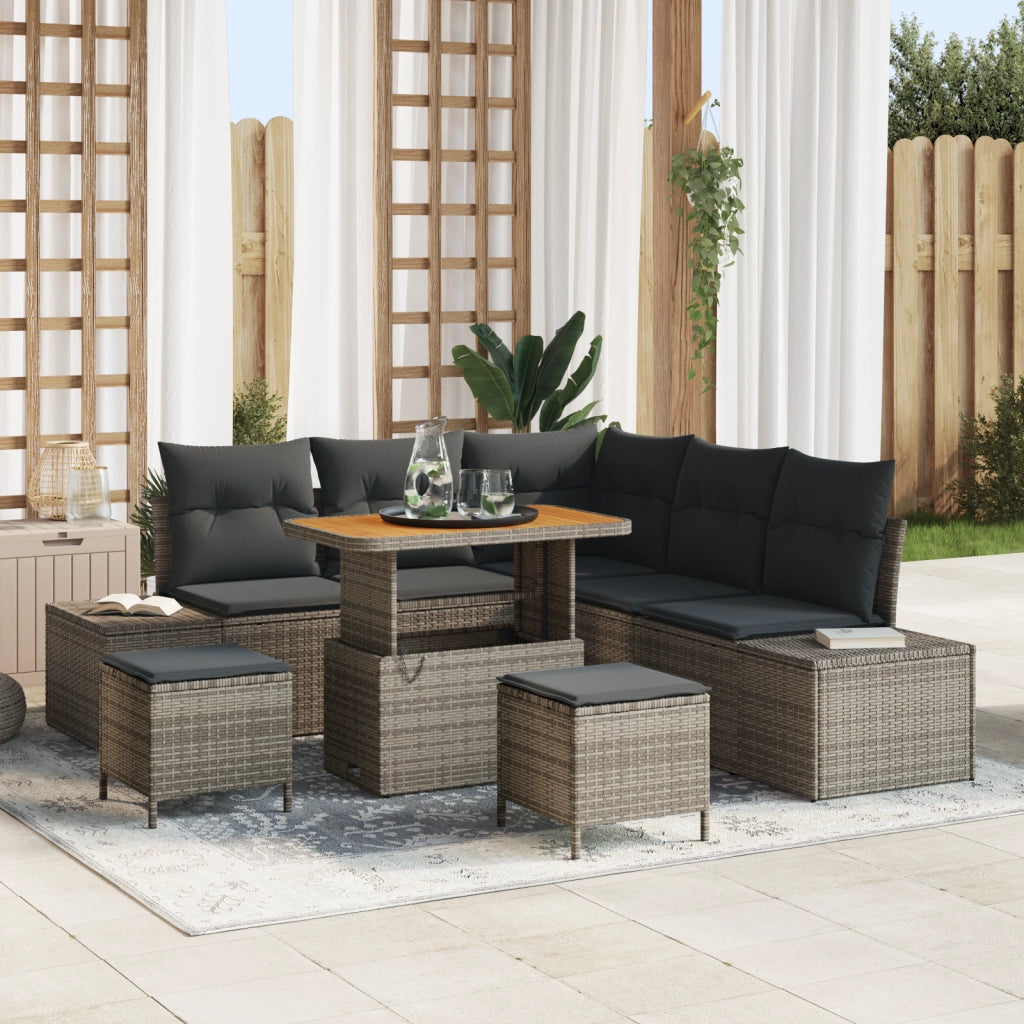 Set divani giardino  a 8 pezzi con cuscini grigi in polyrattan e acacia