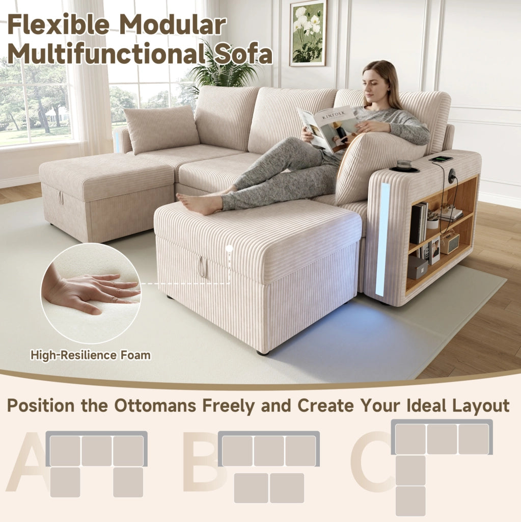 Divano modulare ULEVR 190x130x85 cm a U/L con 2 pouf contenitore, LED, USB e Type-C, beige