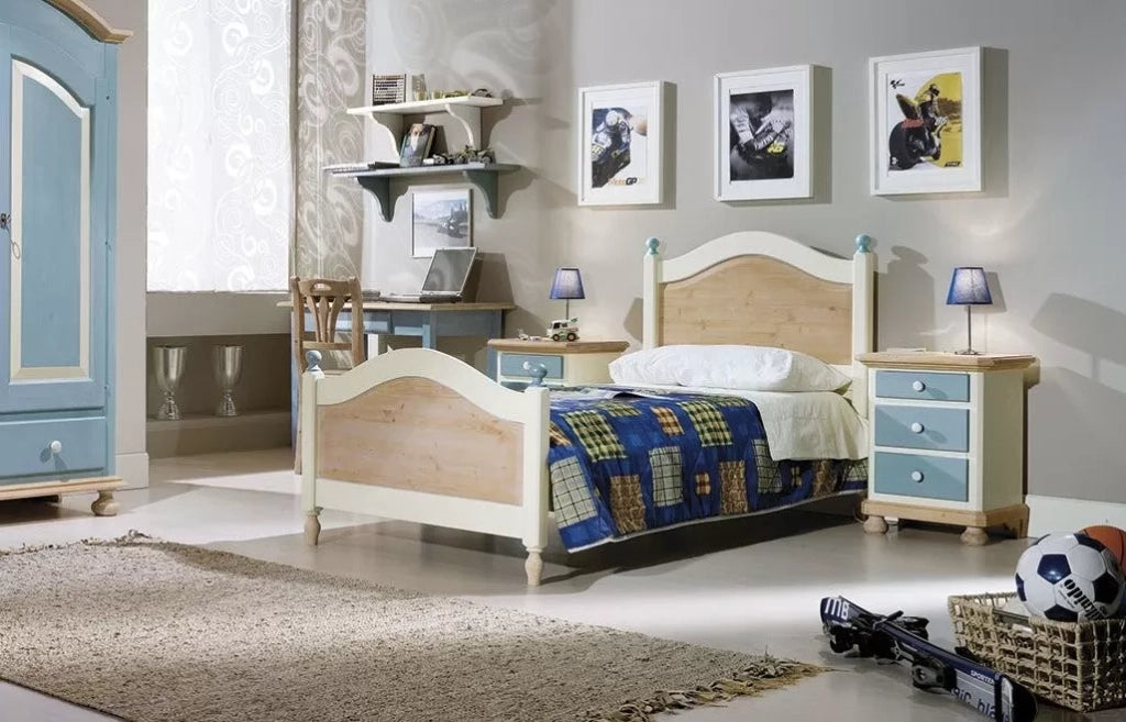 Letto singolo arte povera legno shabby azzurro e miele 98x212x111 (2229) - Mobili 2G