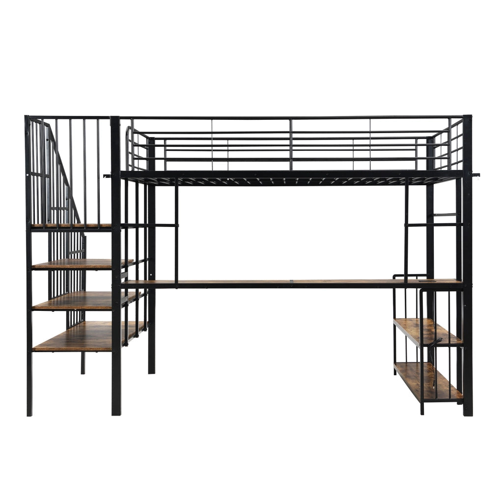 Letto a soppalco 120x200 cm con scala laterale; porta di ricarica e appendiabiti in metallo e MDF nero e noce scuro
