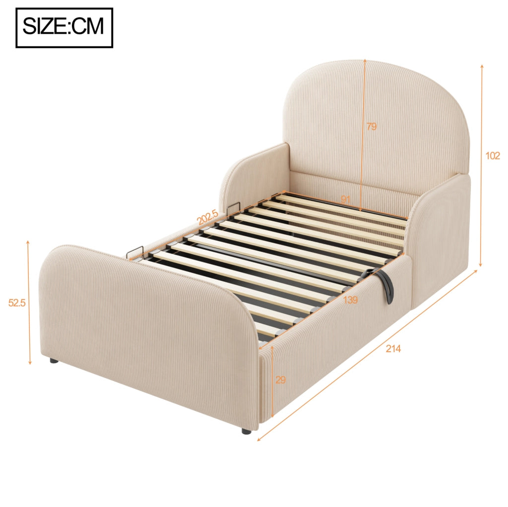 Letto imbottito 90x200 cm con contenitore idraulico; testiera alta in velluto beige