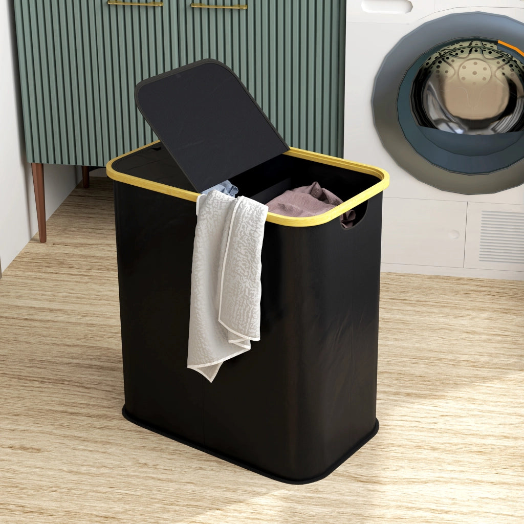 Cesto Portabiancheria in Tessuto non Tessuto e Bamb¨´ ¨C Minimal ¨C Nero, 54x34x58.5 cm