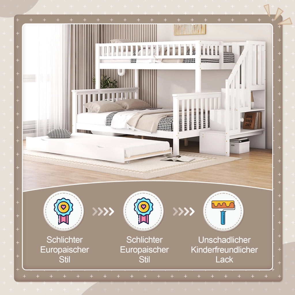 OKWISH Letto a castello 90×200 cm e 140×200 cm, Letto 3 Posti con Letto estraibile, Scala contenitore e Mensole, senza Materasso, Bianco