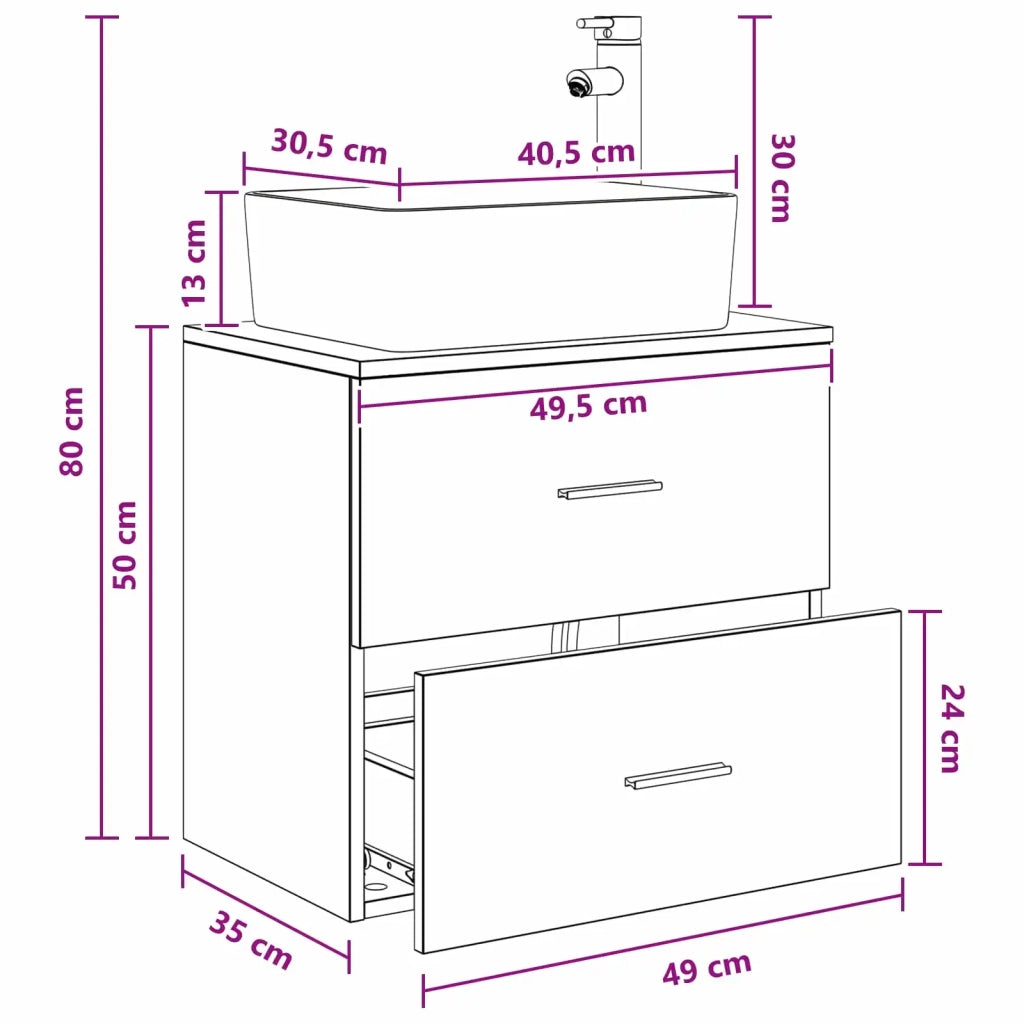 Mobile Lavabo da Parete Rovere Nero 53 x 34,5 x 63 cm 890287