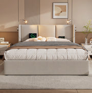 Letto contenitore 180x200 cm in tessuto beige con USB e luce lettura