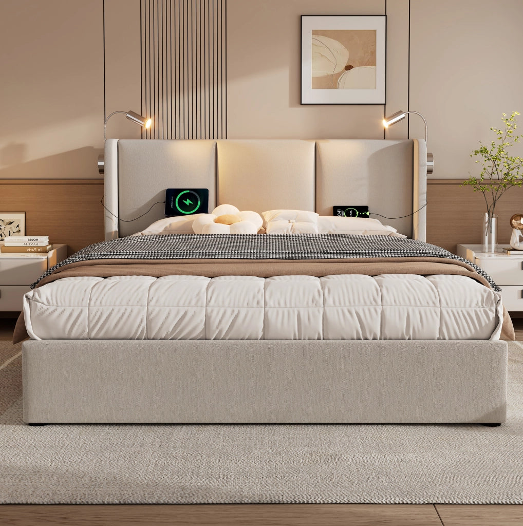 Letto contenitore 180x200 cm in tessuto beige con USB e luce lettura