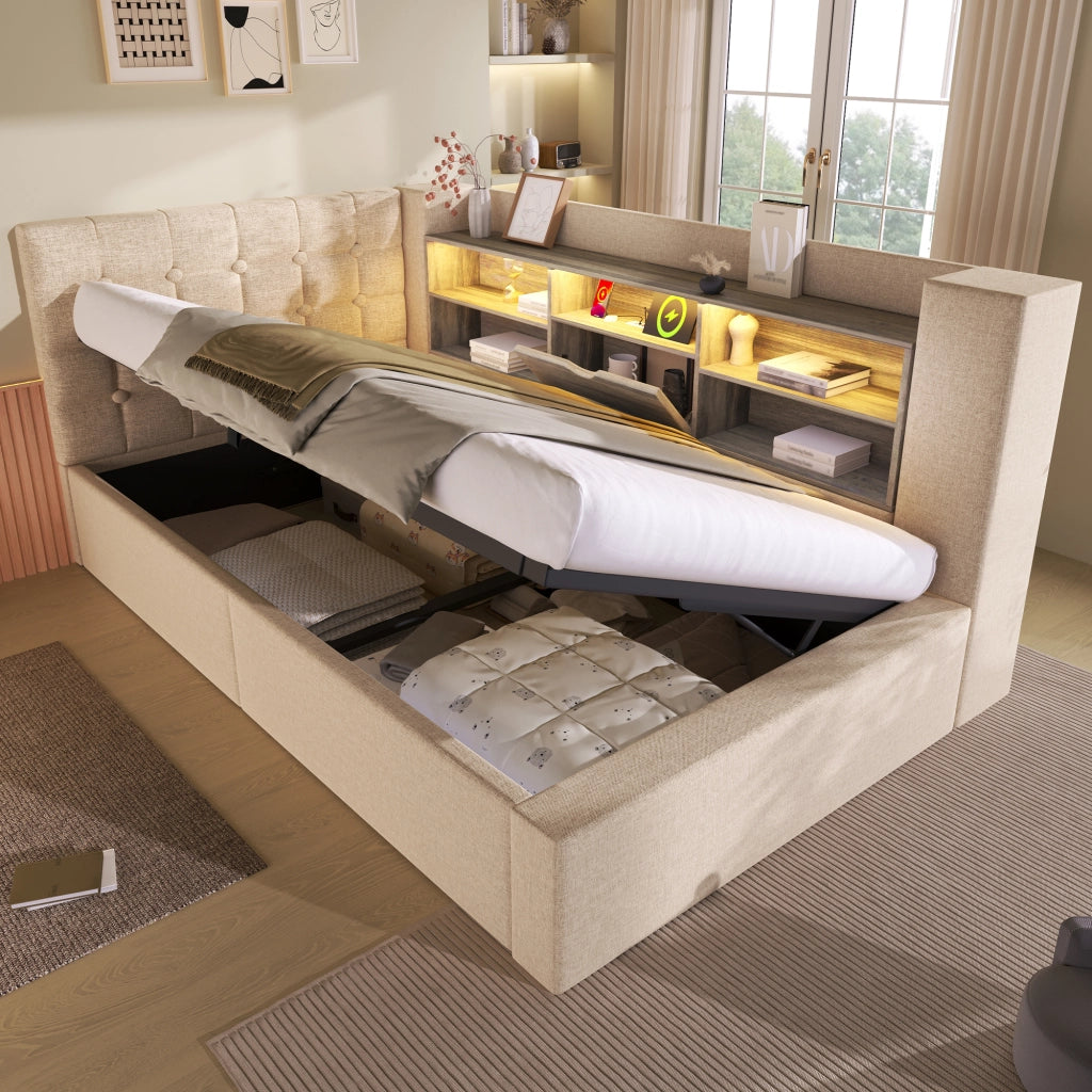 Letto imbottito idraulico con illuminazione a LED 90x190 cm colore beige lino