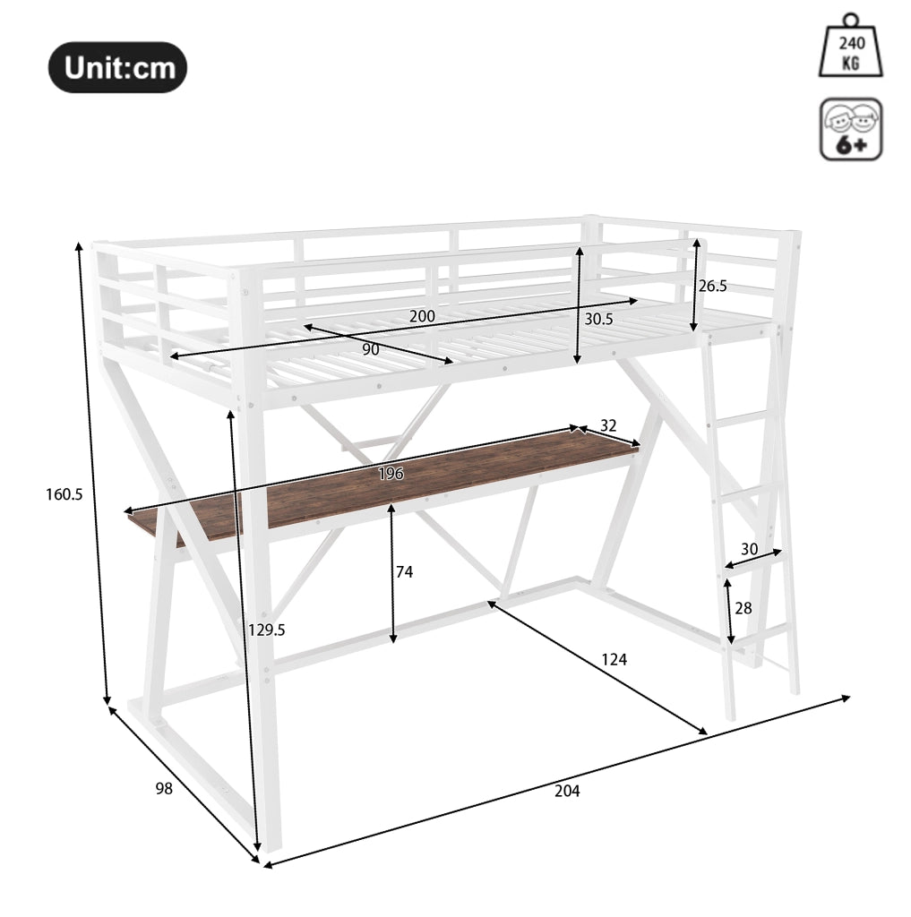 Letto a soppalco per bambini 90x200 cm con scrivania e LED