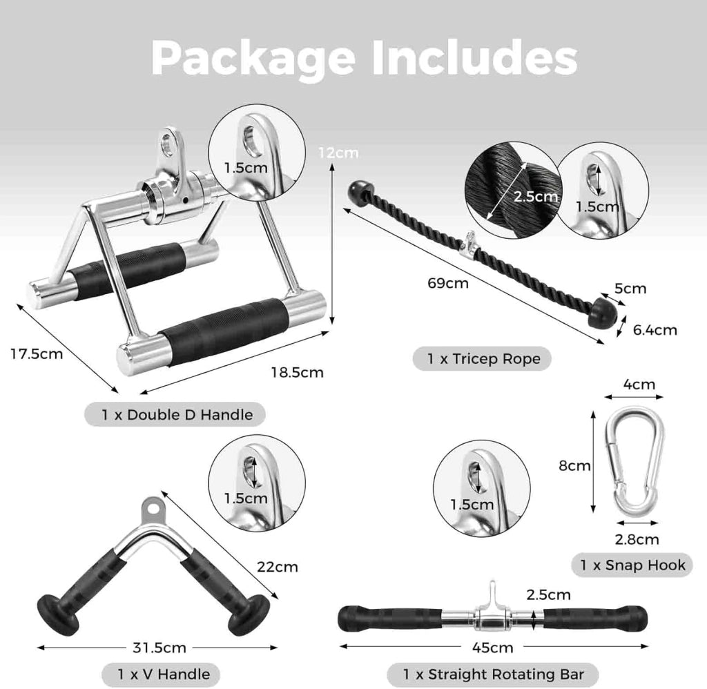 KOMFOTTEU 4 Accessori per Macchina a Cavi, Impugnature Palestra Set Multifunzione con Corda per Tricipiti, Triangolo Pulley per Palestra, Maniglia a V, Barra Tricipiti Dritta, Allenamento in Gym