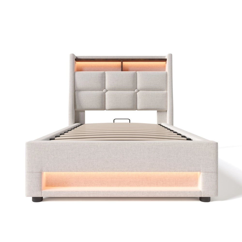 Letto Singolo Imbottito con LED e Rete a Doghe ¨C MINIMAL ¨C 90x200 cm, Struttura Metallo, Tessuto Lino