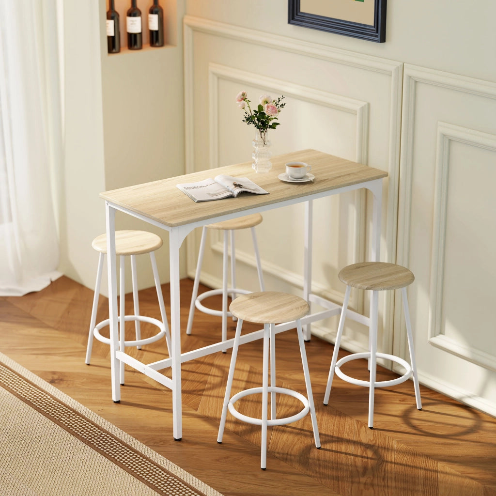 Set Tavolo da Bar e 4 Sgabelli Stile Industriale ¨C zephmum ¨C Bianco e Legno Naturale