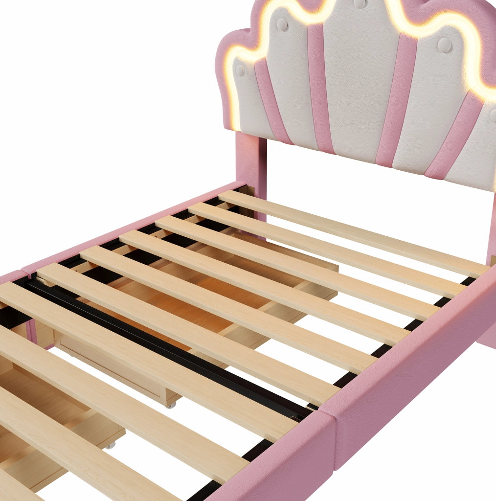 Letto imbottito con testiera regolabile, luci LED multicolore e 2 cassetti, rosa, 90 x 200 cm