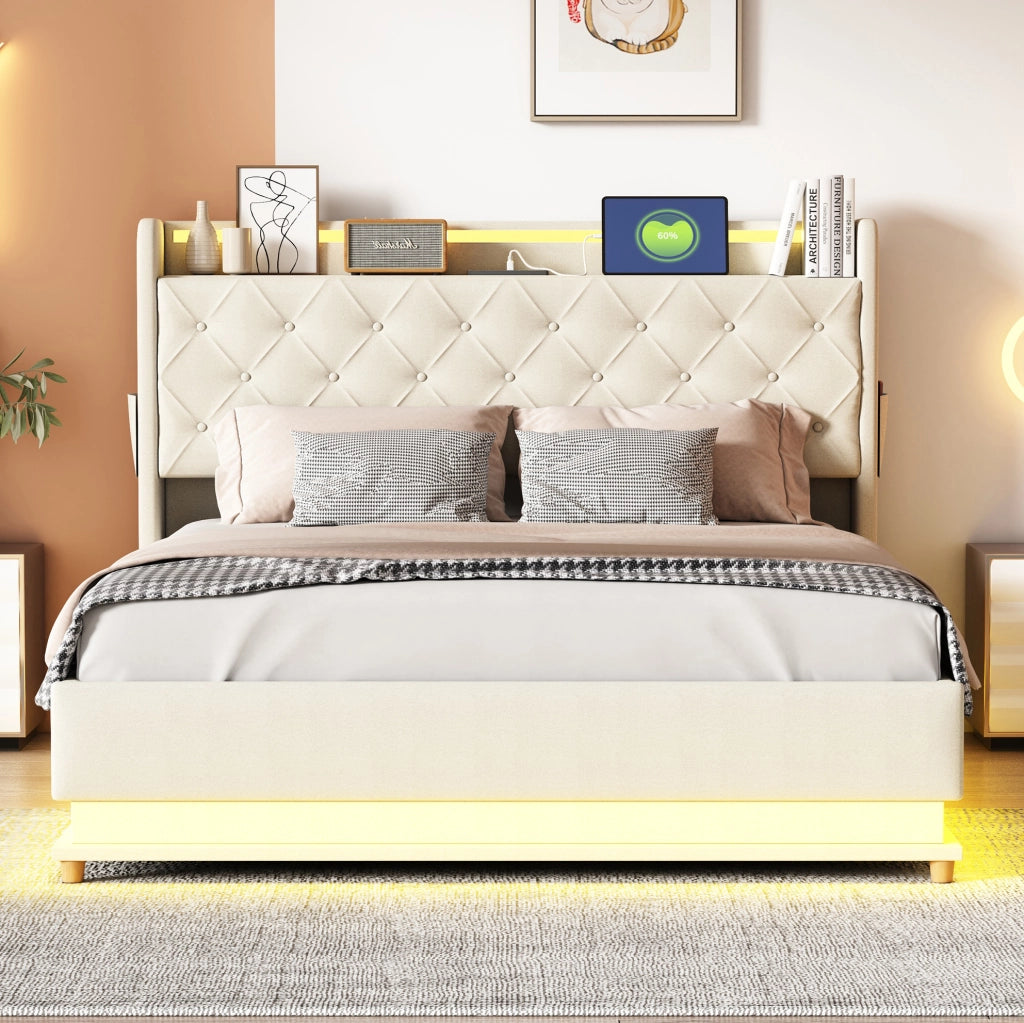 Letto matrimoniale 140x200 cm imbottito con contenitore idraulico; LED e USB; beige