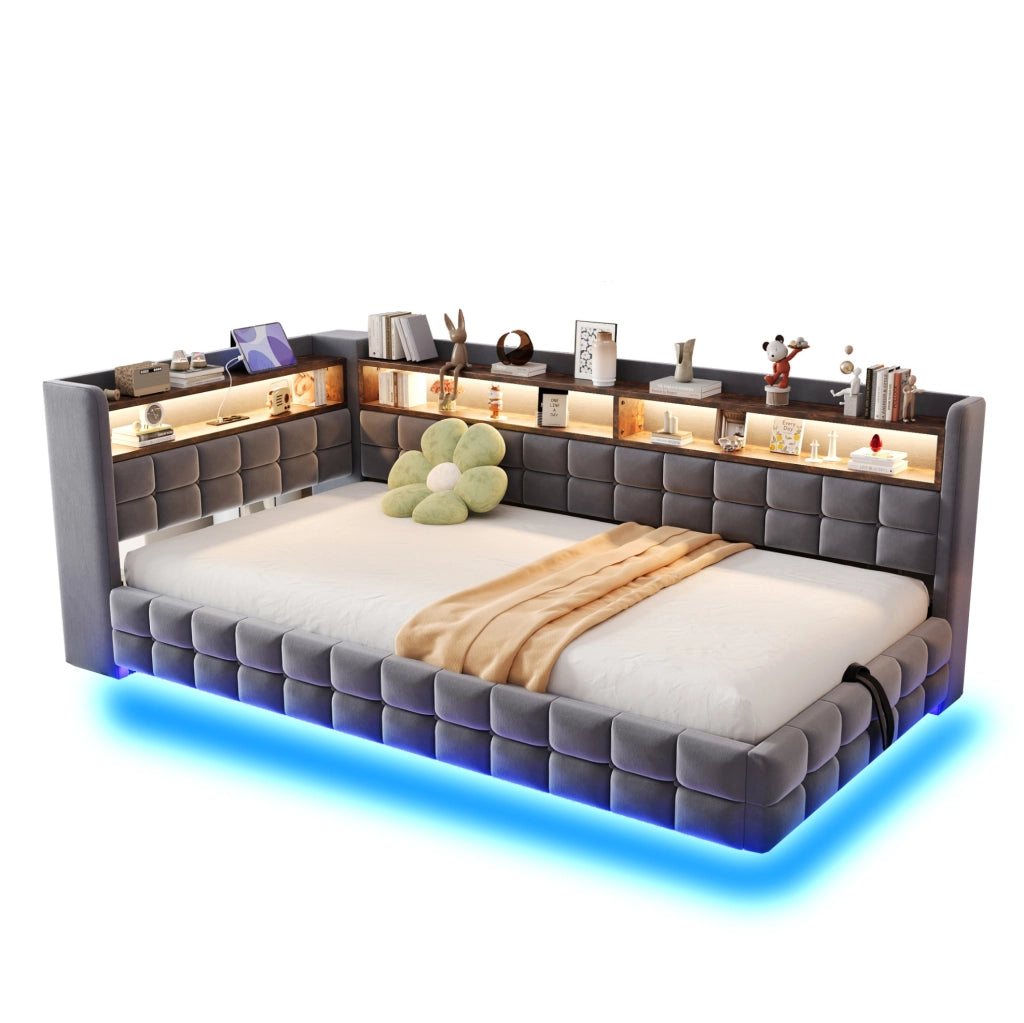 Divano letto imbottito con contenitore 90x200 cm; LED; prese USB e Tipo-C; grigio