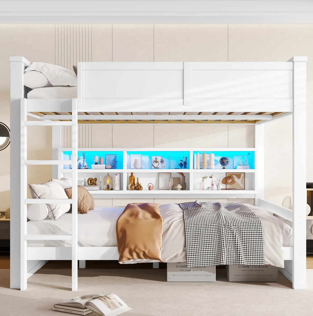 Letto a castello 160x200 cm con 6 vani contenitore e luce LED; bianco; in pino e MDF