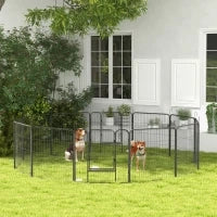 Recinto per Cani a 12 Pannelli Modulabili da 80x1.5x80 cm, Pieghevole con Porta in Acciaio, 12 Picchetti, Grigio