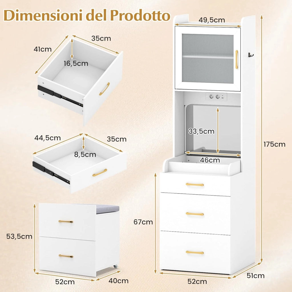 Toeletta da Trucco con Sgabello, Tavolo da Trucco con Specchio Ribaltabile Stazione di Ricarica, Ripiano Regolabile, Postazione Trucco con 2 Cassetti, Ganci, per Camera da Letto Soggiorno
