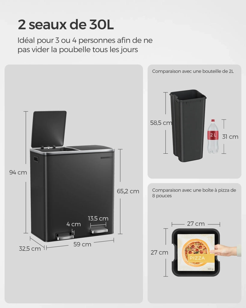 Pattumiera a 2 pedali con doppio scomparto 2 x 30 litri acciaio inox anti-impronta secchio interno in plastica con manico nero 12_0007160