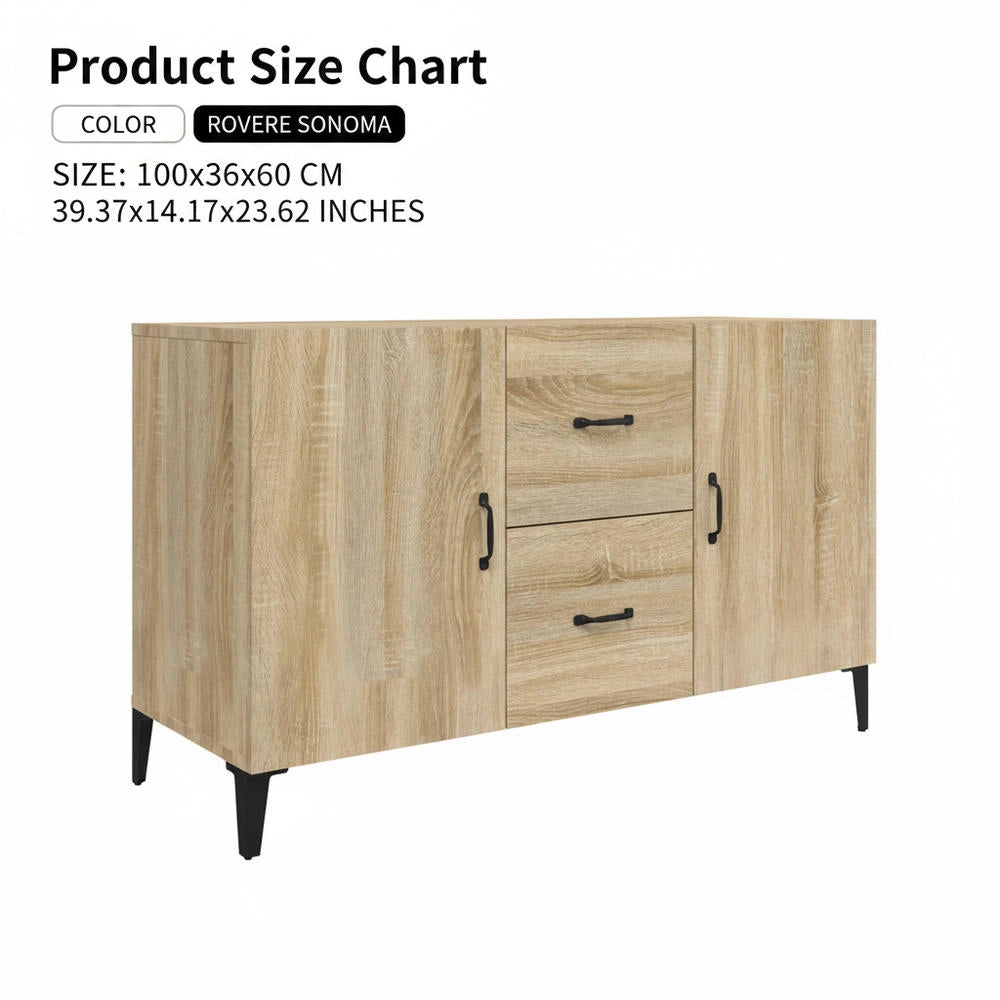 Oak Storage Cabinet 100x36x60cm Composite Wood Sideboard With 2 Doors 2 Drawers Stable Structure Space Saving For Kitchen Living Room Bedroom