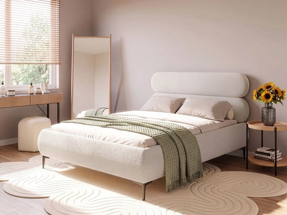 Letto matrimoniale con rete testiera in bouclè bianco sporco gambe in metallo camera da letto 120 x 200 cm classica minimalista