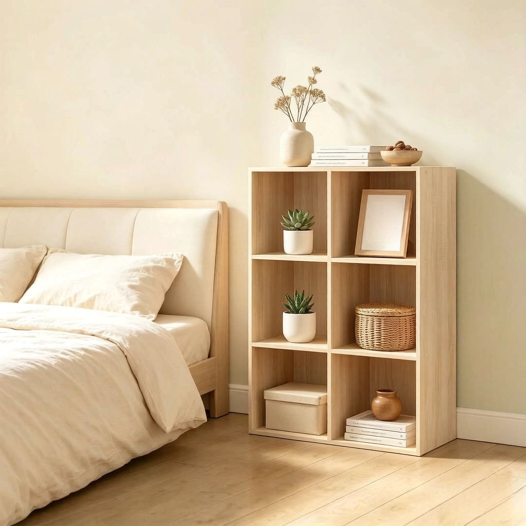 Libreria a cubi aperta in legno E1, 6 scomparti, colore rovere