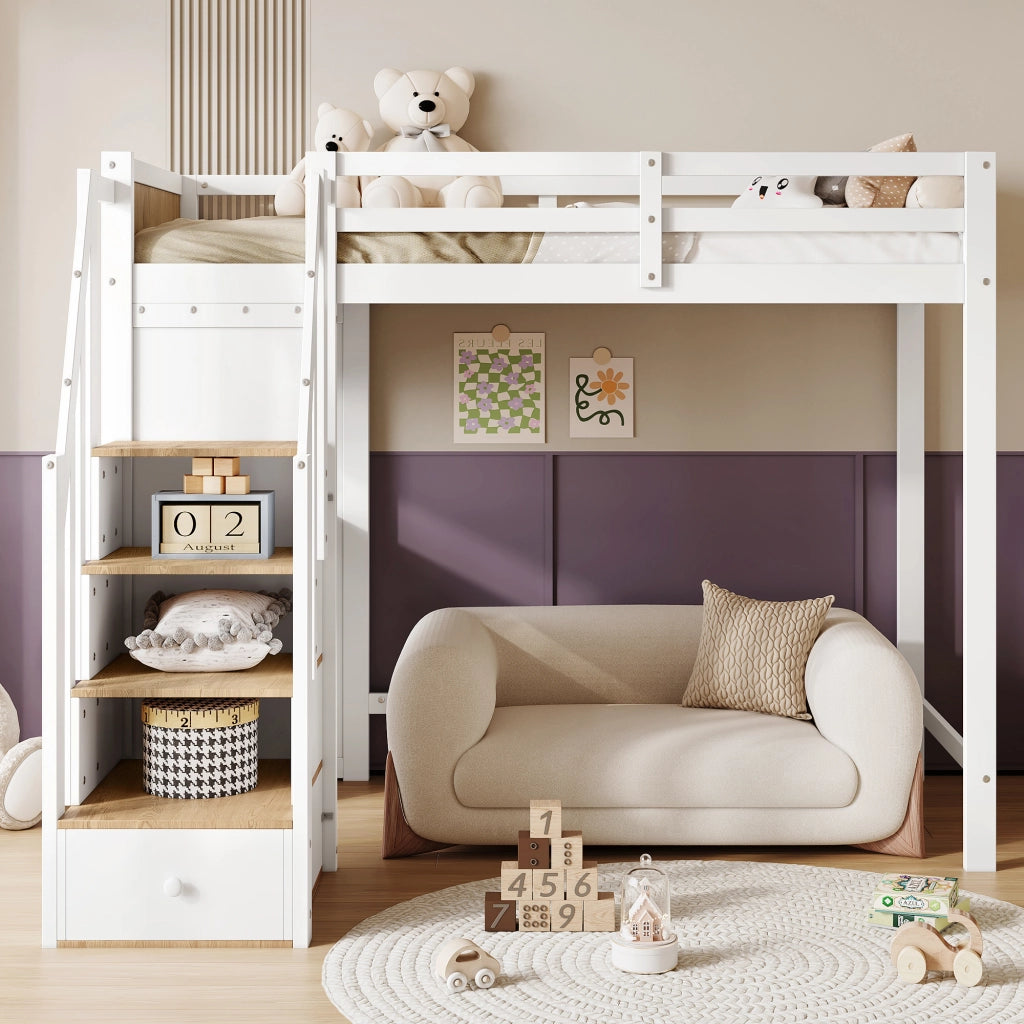 Letto a Castello 90x200 cm con Scrivania; 3 Cassetti; Scala Contenitore e Libreria