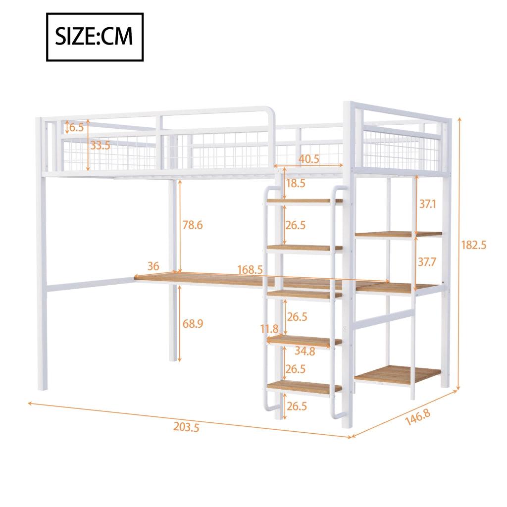 DESMIU Letto a soppalco matrimoniale con scrivania, scaffali e scala di sicurezza 140 × 200 cm, senza materasso