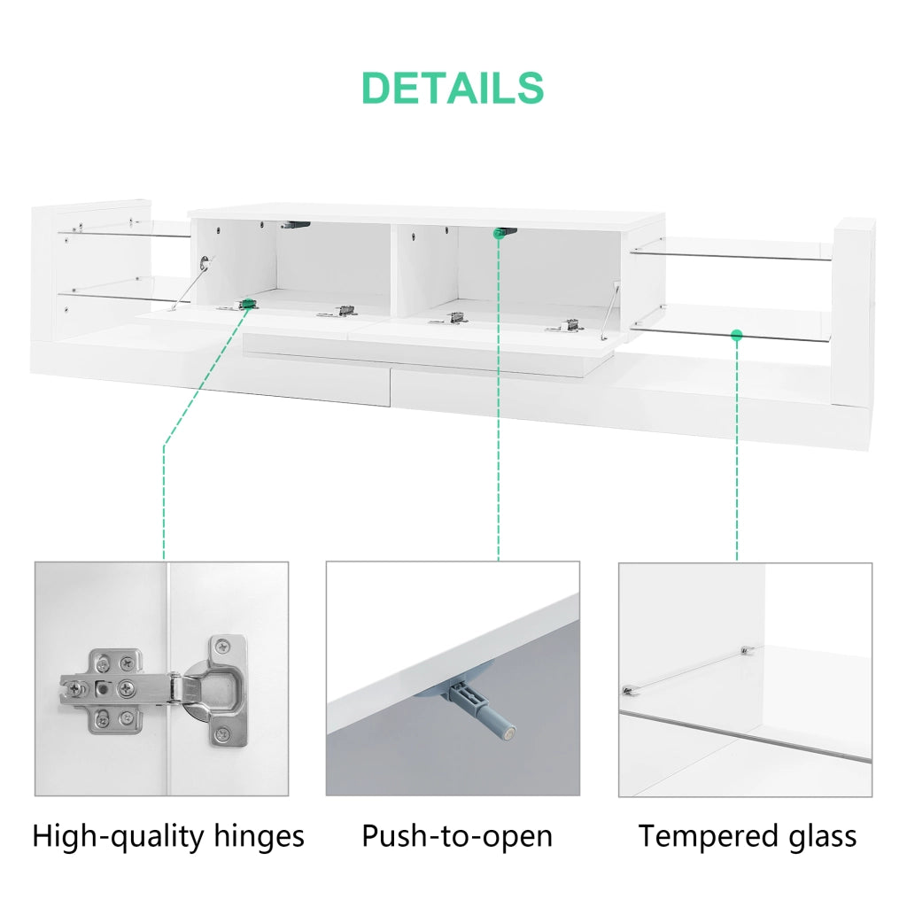 OKWISH Mobile TV con 2 Cassetti a Ribalta e LED, Frontale in Vetro Finitura Lucida, per Soggiorno, 181 × 38 × 38 cm