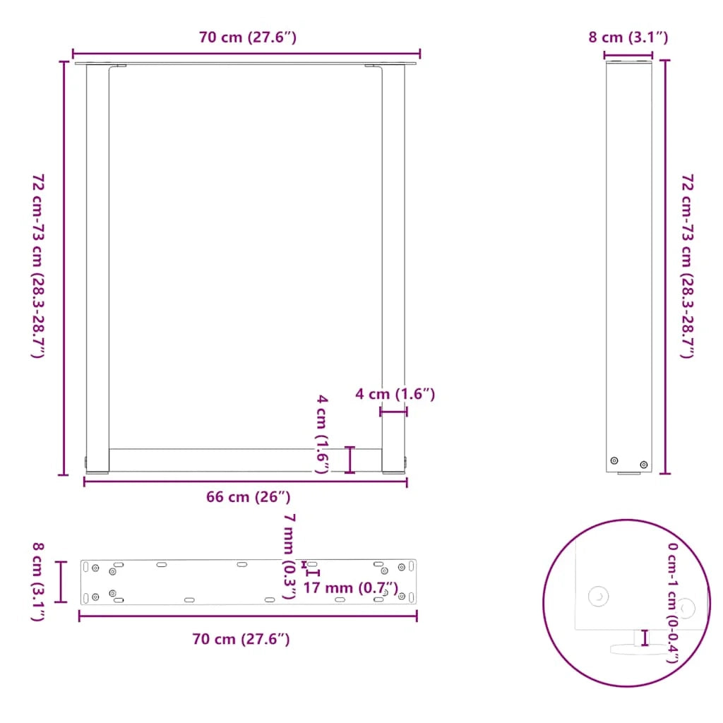 Set di 3 gambe per tavolo da pranzo a forma di U 70 x 72-73 cm con piedini regolabili design moderno in acciaio nero 02_0057440
