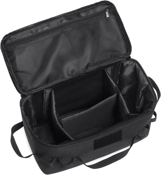 Tas di stoccaggio premium per attrezzatura da campeggio e cucina da esterno con design tattico e portatile in nero. Adatto per campeggi e pic nic.