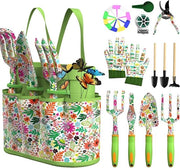 Set di giardinaggio, 27 pezzi, set di giardinaggio per giardino con contenitore di stoccaggio resistente alla ruggine, manico antiscivolo ergonomico, set di regalo ideale per donne e uomini