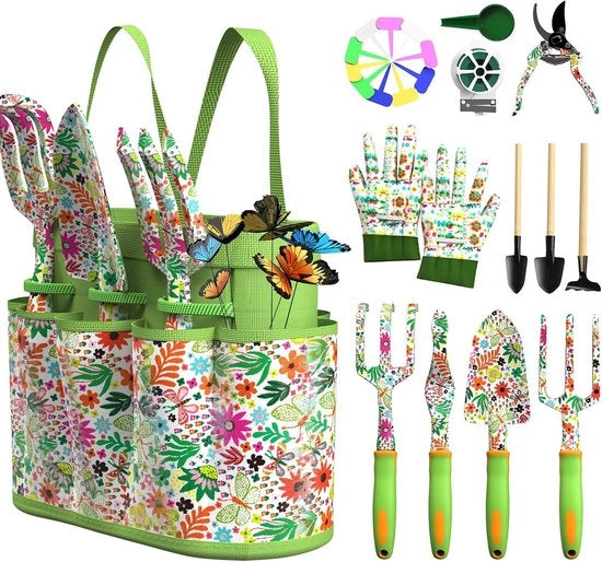 Set di giardinaggio, 27 pezzi, set di giardinaggio per giardino con contenitore di stoccaggio resistente alla ruggine, manico antiscivolo ergonomico, set di regalo ideale per donne e uomini