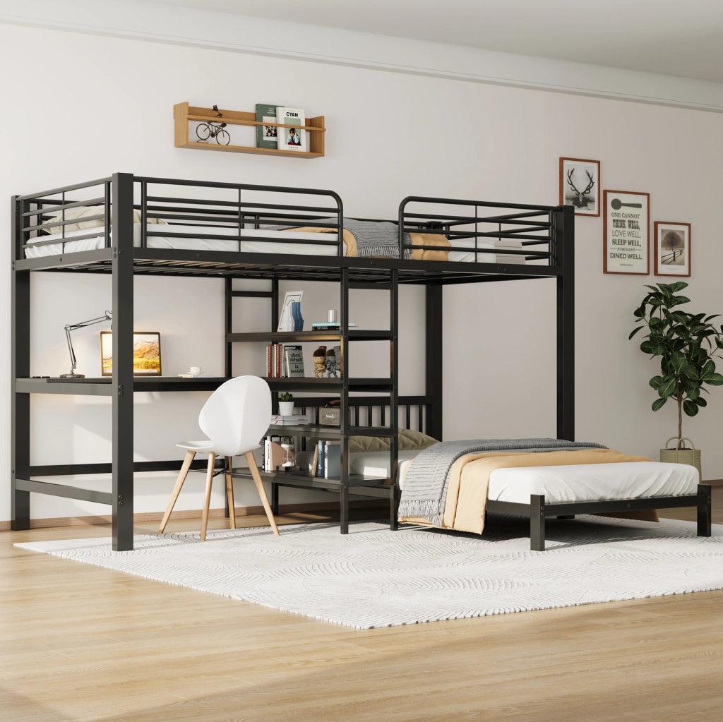 Letto a soppalco con scrivania, ripiani e prese USB, nero 90 x 200 cm
