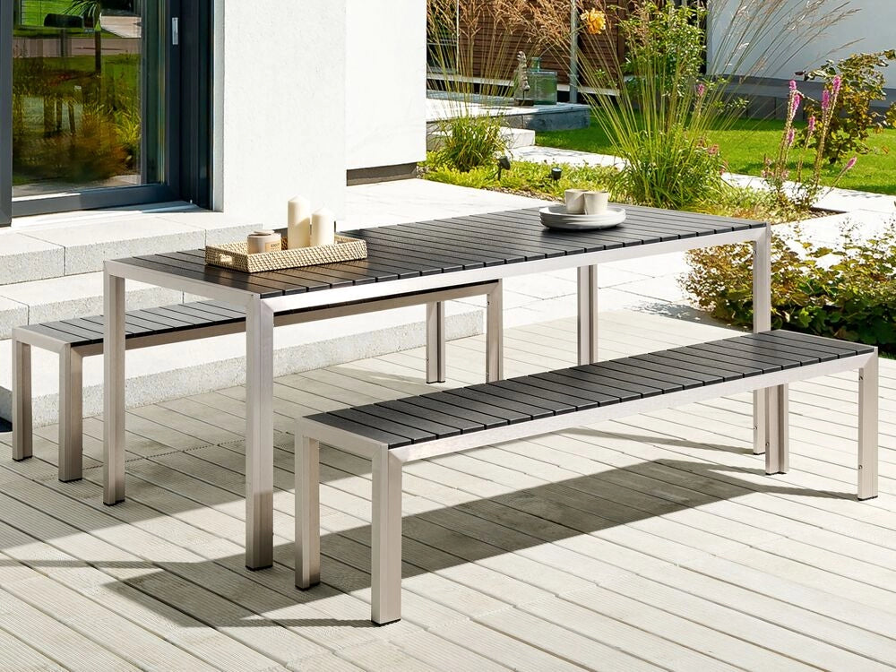 Set da Pranzo da Giardino Tavolo Rettangolare 2 Panche Telaio Alluminio anodizzato nero esterno terrazzo