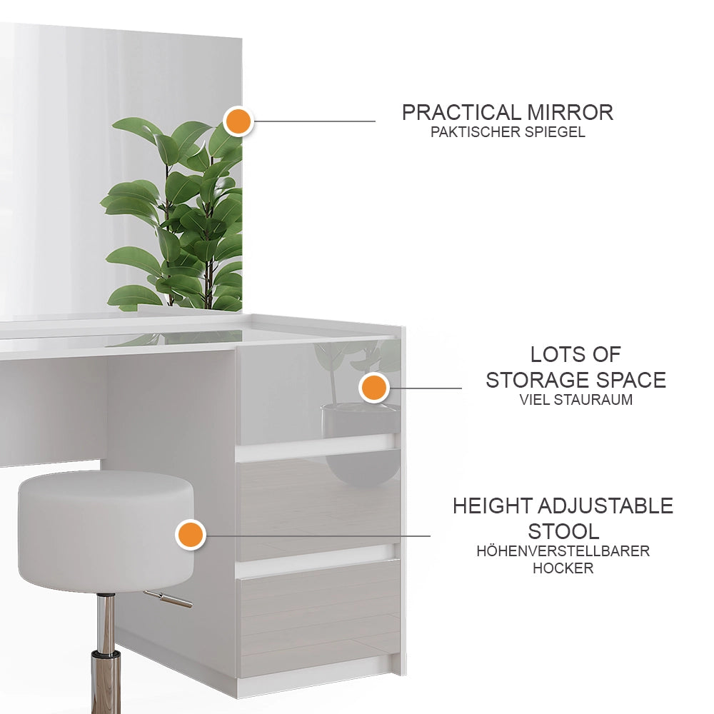 Vicco Tavolino da toilette Bianco lucido 120 cm con specchio e sgabello
