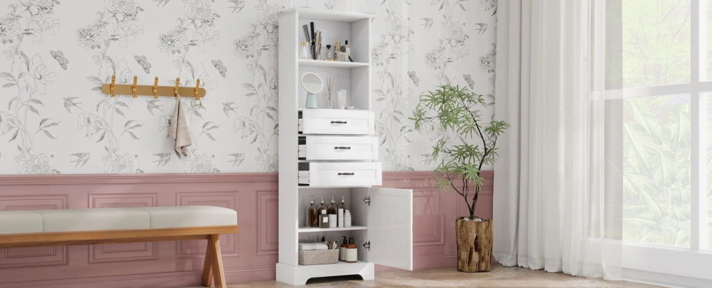 Armadio bagno bianco 56x25,6x167 cm con 3 cassetti, ripiani regolabili e design moderno