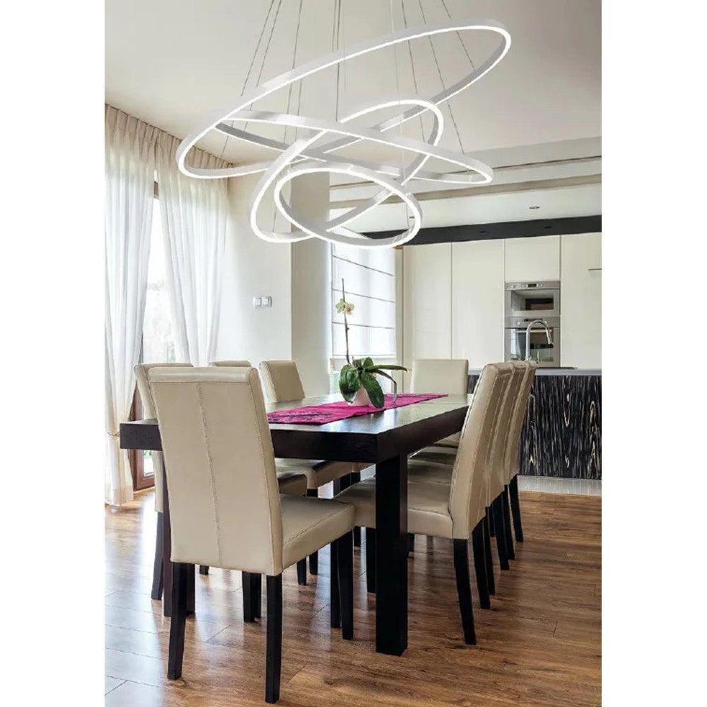 Trade Shop - Lampadario Sospeso Led 120w 4 Cerchi Pendente Rotondo Anelli Bianco Luce 4000k 50279 -