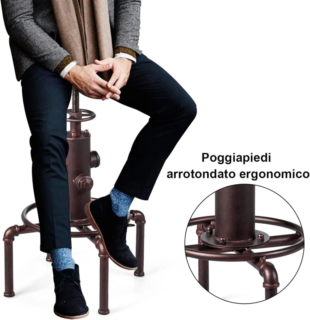 Sgabelli da Bar Industriale Girevole 360°, con Poggiapiedi, Sgabello Cucina Seduta Tonda Altezza Regolabile 60-75 cm, in Ferro e Pino (Marrone, 1)