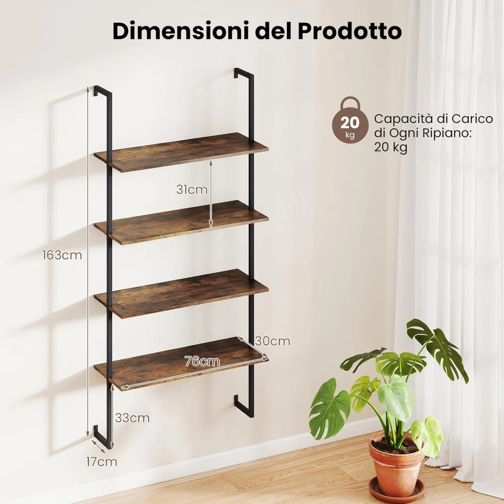 Libreria a Parete a 4 Livelli, Mensole Industriali con Struttura in Metallo, Libreria a Scaletta in Legno da Parete per Soggiorno, Cucina, Bar, Ufficio