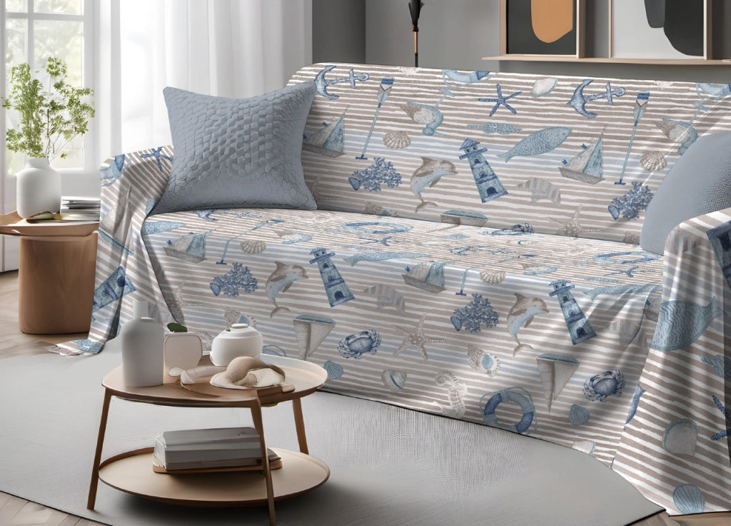Telo Arredo Granfoulard Copritutto Salvadivano 100% Cotone Dis. Mare - Singolo - Beige