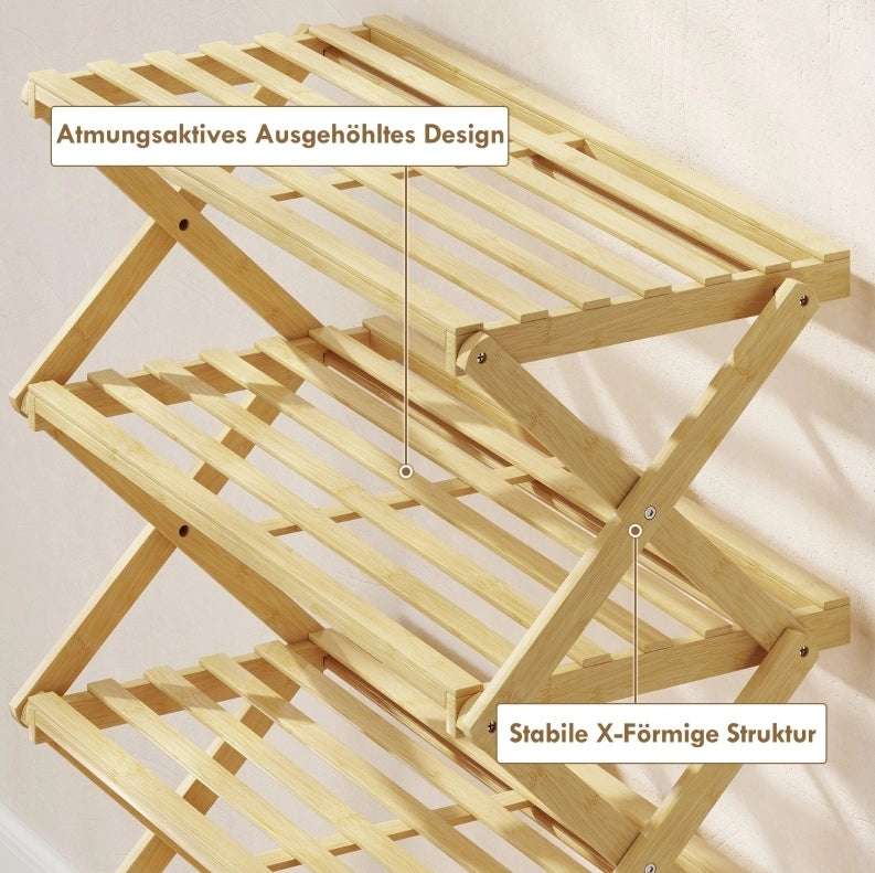 Scarpiera pieghevole in bambù a 4 ripiani, 60 x 29 x 67 cm