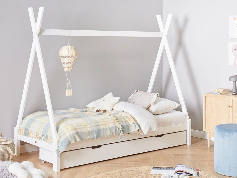 Letto a forma di tenda per bambini Struttura per letto singolo in pino bianco UE 90 x 200 cm con doghe e cassetti