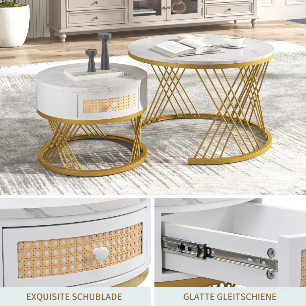 Set di 2 tavolini rotondi MDF bianco e oro con cassetto