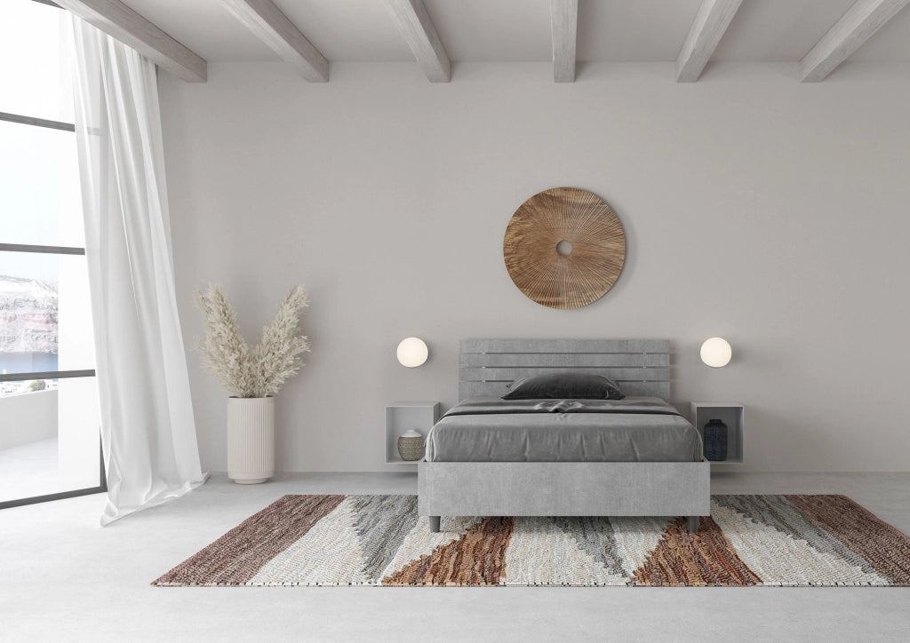 Letto 1 Piazza e Mezzo 120x190 cm con Rete e Contenitore Ankel Testata Doghe Inclinata Cemento