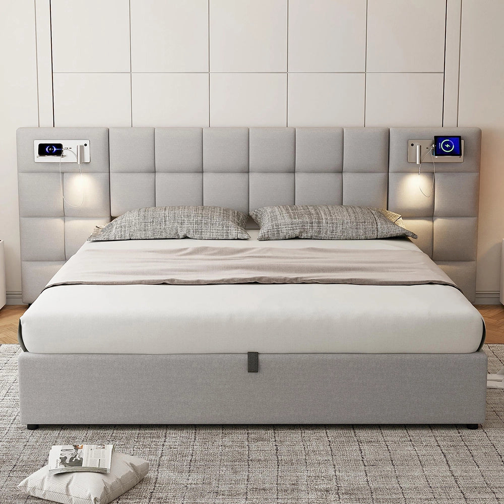 Lit imbottito 180x200 cm - Xylo - Grigio Lino Con USB, ricarica wireless, lampada e spazio di archiviazione
