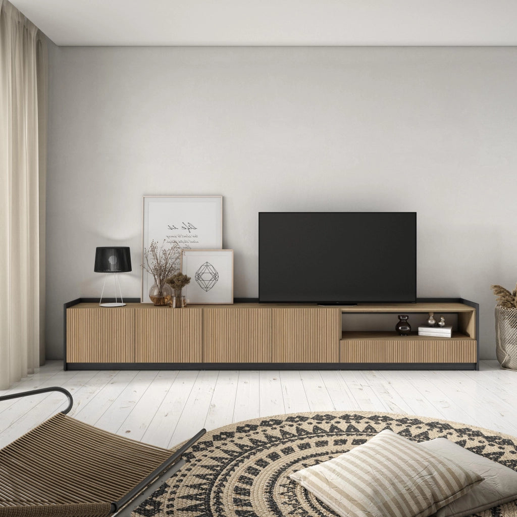 Mobile TV Soggiorno, 310x50x37 cm, Per TV fino a 80", Mobile Soggiorno, Rovere e nero