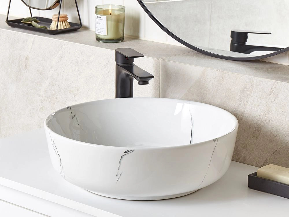 Lavabo da appoggio in ceramica bianca effetto marmo ⌀ 42 cm Lavabo da bagno rettangolare stile Glam