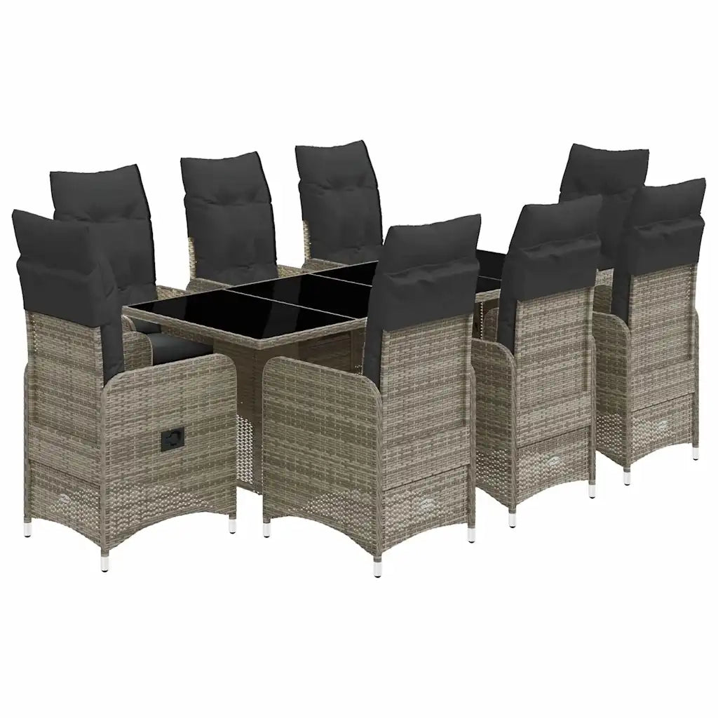 Set BistrÃ² da Giardino 9 pz con Cuscini in Polyrattan Grigio