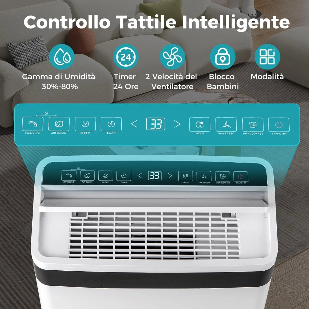 28,5L Deumidificatore per Casa, Deumidificatore Silenzioso 35㎡ con 4 Modalità Indicatore a 3 Colori Timer 24H e Ruote, Scarico Automatico o Manuale
