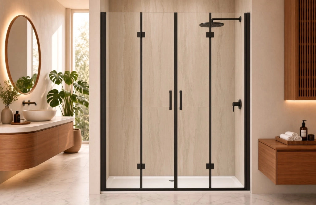 Box doccia nicchia 140 cm porta DUE BATTENTI SOFFIETTO H200 cm cristallo 6mm profilo NERO OPACO DINO
